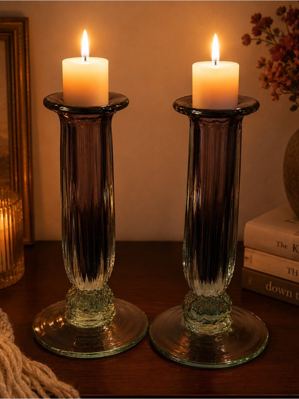 2 Vintage Amethyst and Green Handblown glass 6" tall Candleholder/Vase